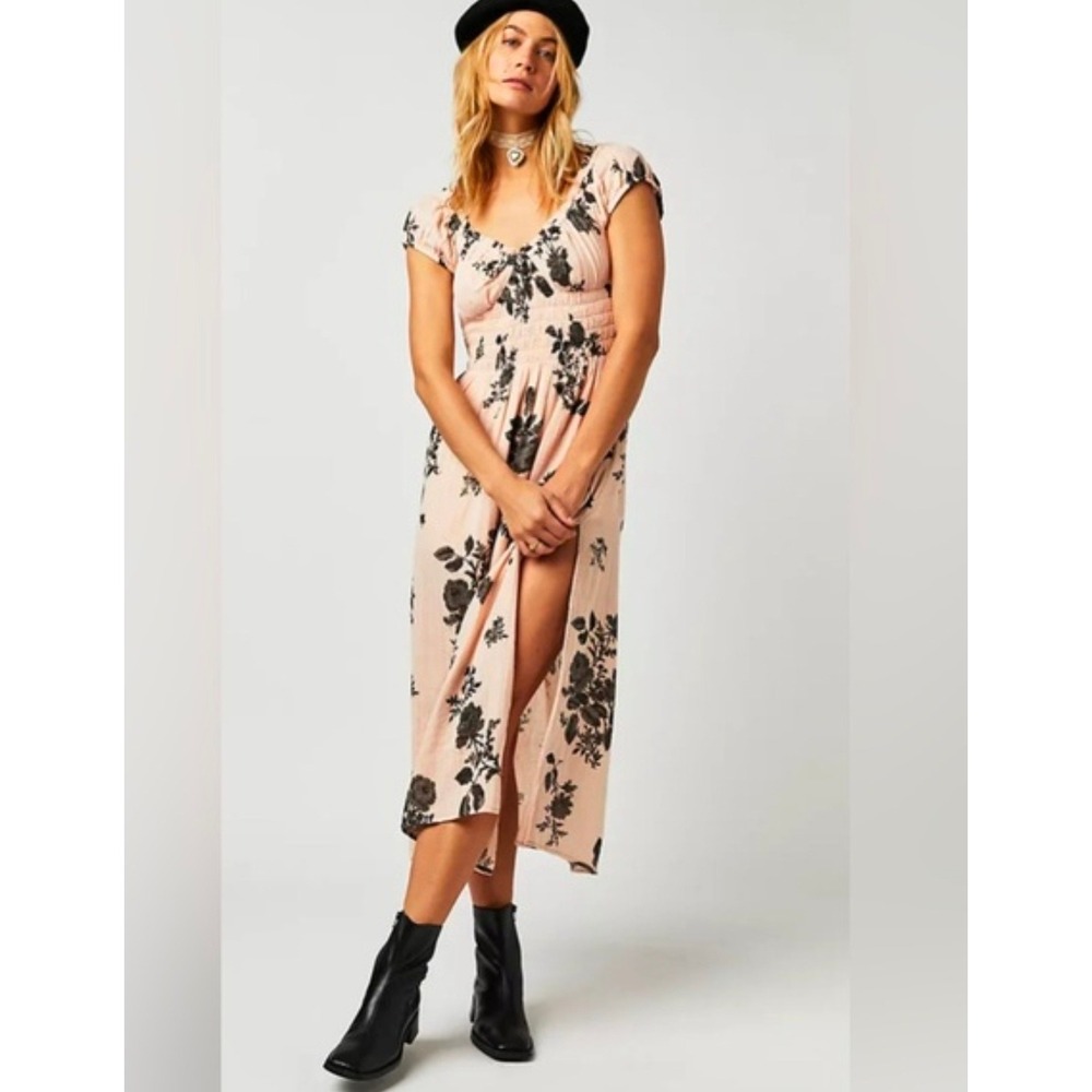 Free People Forget Me Not Midi Dress Sz Small Peach Floral Cottage core Boho‎